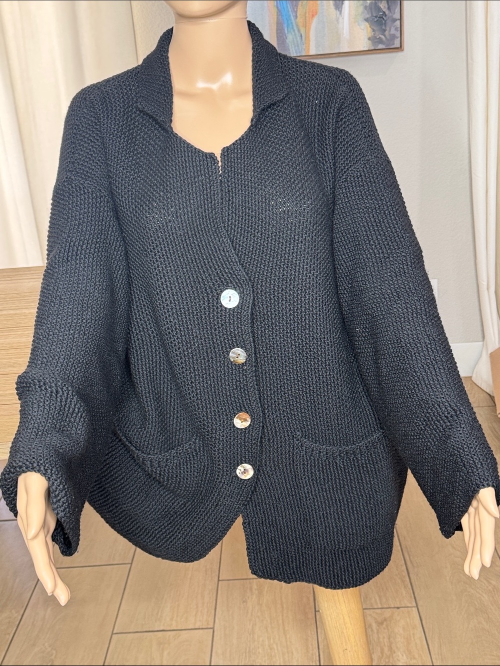 Vintage Joan Homyer 100% Merino Wool Black Chunky Knit Oversized Cardigan Jacket